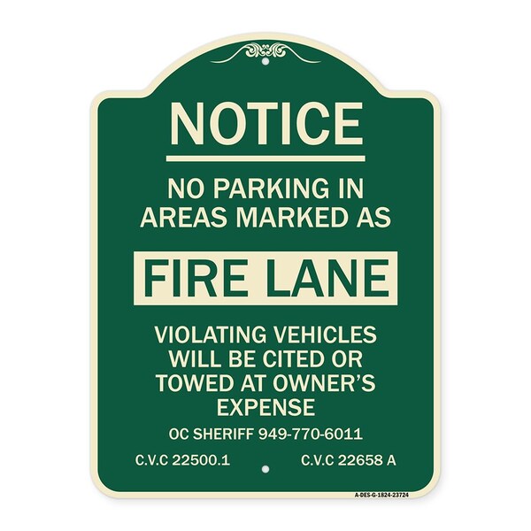 Signmission No Parking in Areas Marked as Fire Lane CVC Section 22500.1 & 22658 Alum, 24" x 18", G-1824-23724 A-DES-G-1824-23724 - main